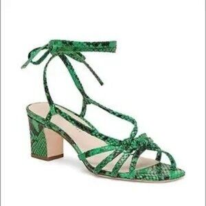 NWOB Loeffler Randall Libby Green Leather Snake Print Ankle Wrap Sandals/Sz. 5B